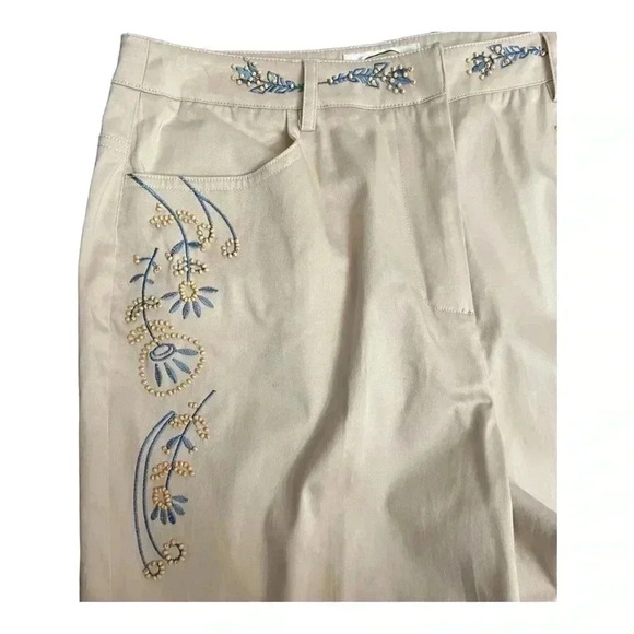 Talbots Petite Khaki Blue Beaded Floral Cropped Capri Pants Womens size 12 New - Picture 4 of 13